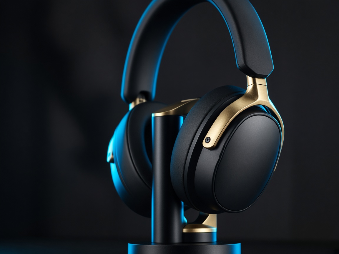 Detalhe de headset preto com luz ciano