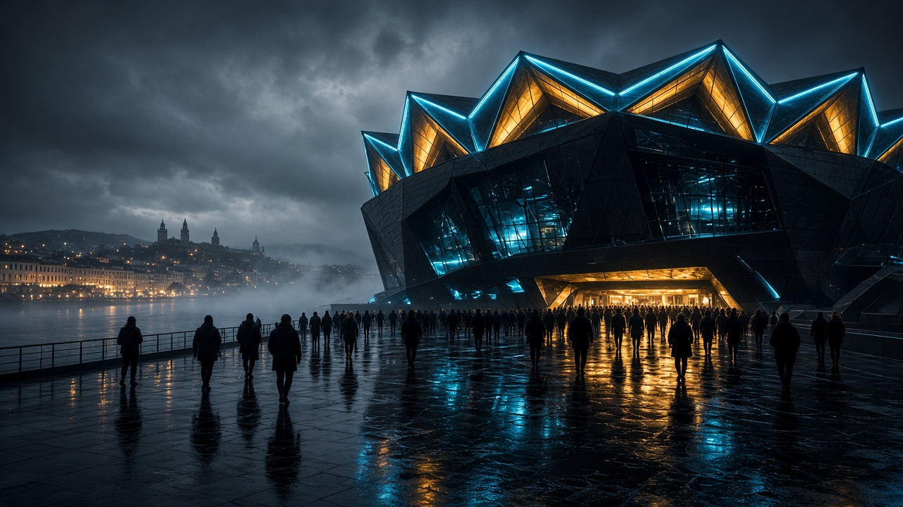 Arena geométrica da RevGaming Citadel à noite, junto ao rio